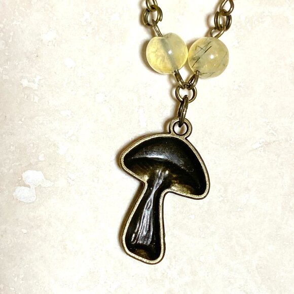 Natural Yellow Green Prehnite Necklace, Bronze Slim Mushroom + Genuine Gemstone - Picture 5 of 16
